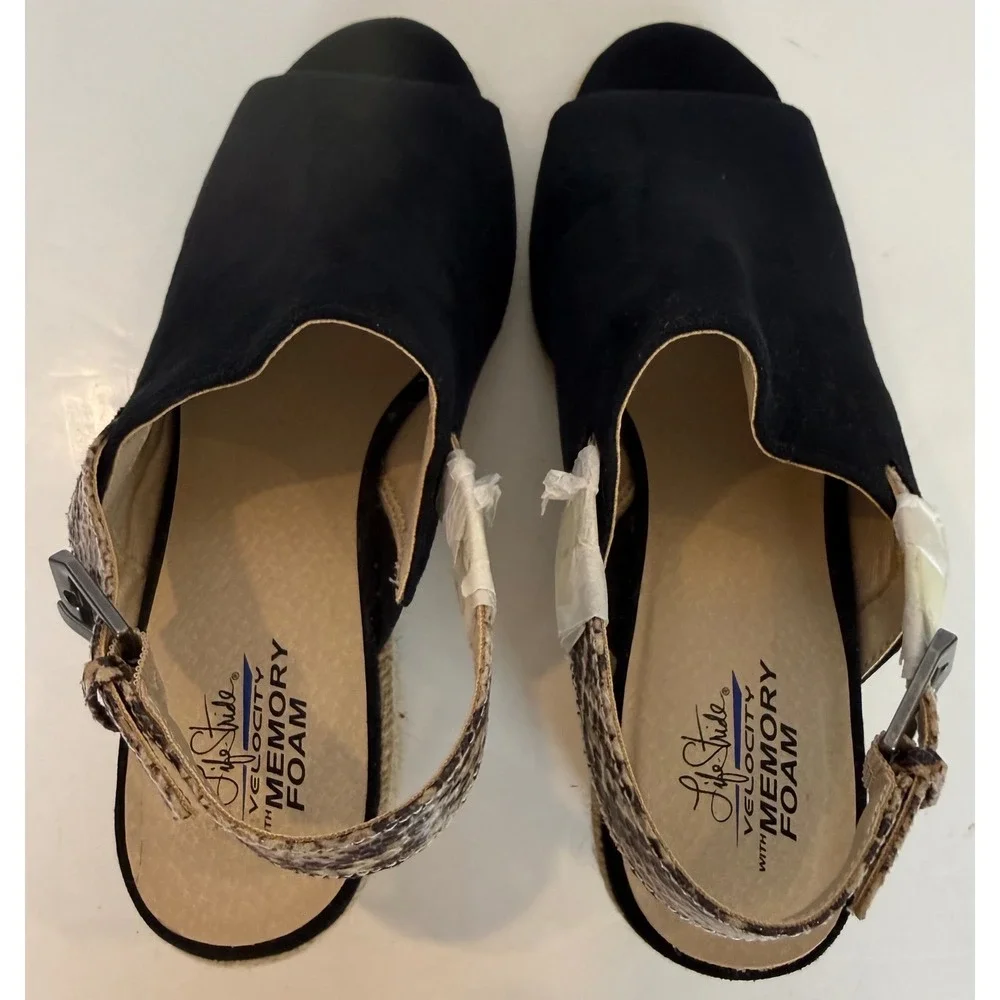 LifeStride Trina Wedge Sandal Black Suede Upper Snakeskin-Print Slingback Sz 9.5